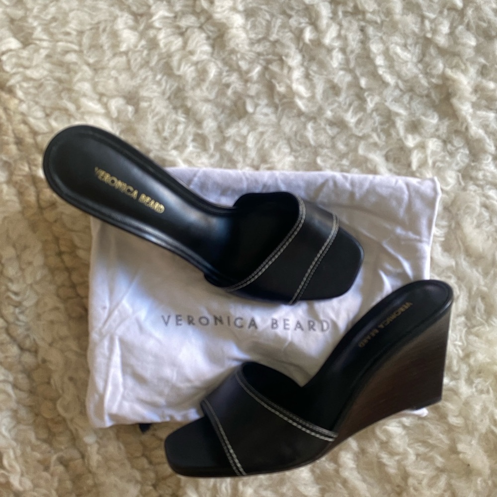 Veronica Beard Black Leather Slide Sandals Wedge Heel Mule Worn Once 7.5